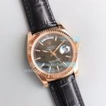 Swiss Replica Rolex Day-Date Leather Watch Rose Gold Case Black Dial
